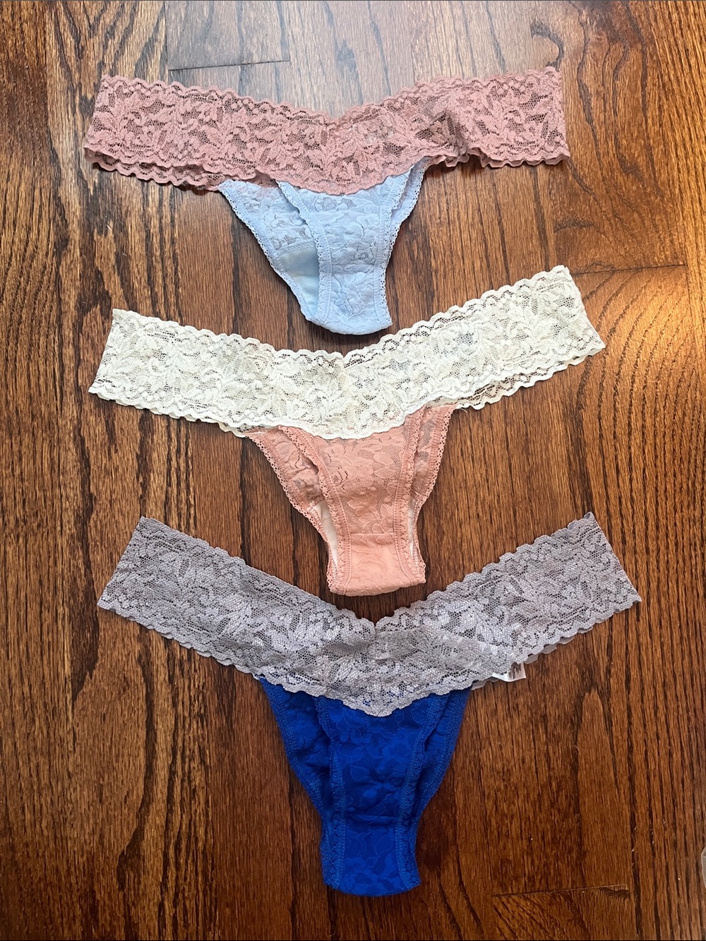 Hanky Panky 3-pack Lace Thong Set in Pink, Light Blue, and Royal Blue